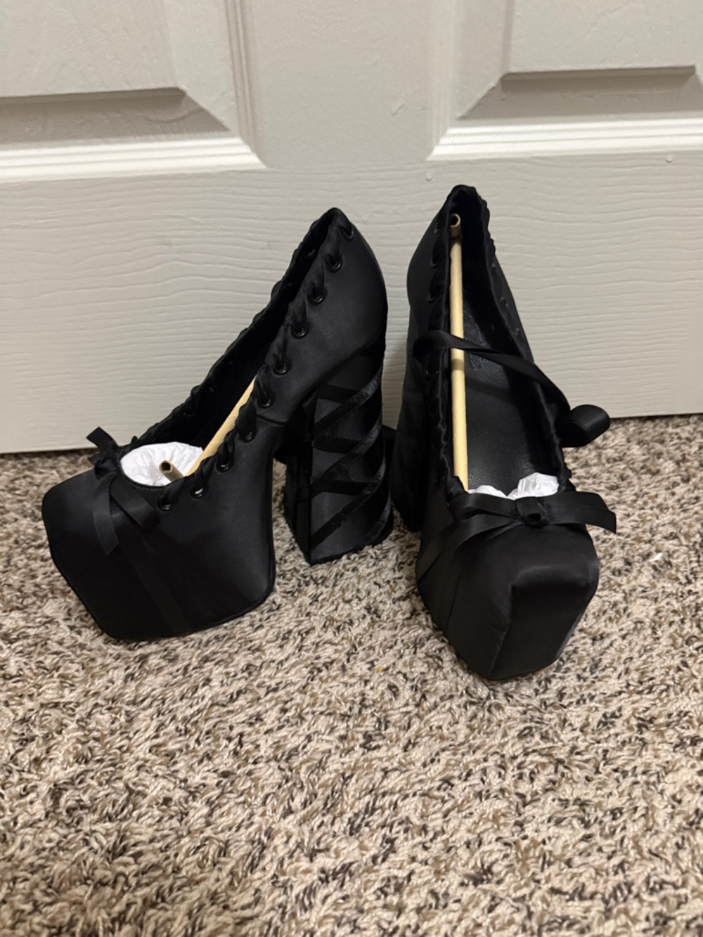 Sugar Thrillz Black Satin Lace-Up Platform Heels with Bow